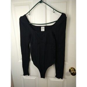 Pink Victoria Secret Woman M Black Long Sleeve Bodysuit Square Neck Ribbed
